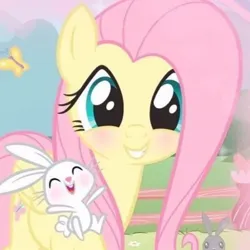 Size: 400x400 | Tagged: safe, derpibooru import, edit, screencap, angel bunny, fluttershy, pegasus, pony, rabbit, angelbetes, animal, blushing, cute, daaaaaaaaaaaw, grin, icon, image, jpeg, looking at you, shyabetes, smiling, solo, wholesome