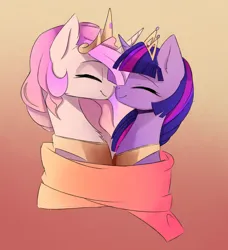 Size: 1532x1682 | Tagged: safe, artist:magnaluna, derpibooru import, princess celestia, twilight sparkle, twilight sparkle (alicorn), alicorn, pony, g4, boop, crown, duo, duo female, eyes closed, female, gradient background, horn, horns are touching, image, jewelry, jpeg, lesbian, mare, noseboop, peytral, profile, regalia, ship:twilestia, shipping, side view, smiling