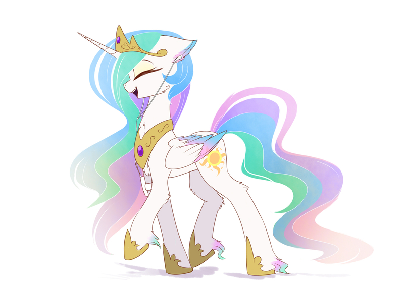 Size: 1900x1351 | Tagged: safe, artist:magnaluna, derpibooru import, princess celestia, alicorn, pony, g4, colored wings, colored wingtips, crown, cute, cutelestia, eyes closed, eyeshadow, female, folded wings, gradient wings, hoof shoes, horn, image, jewelry, jpeg, makeup, mare, open mouth, open smile, peytral, princess shoes, profile, regalia, side view, simple background, smiling, solo, white background, wings