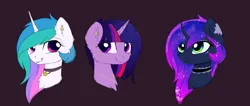 Size: 2310x976 | Tagged: safe, artist:magnaluna, derpibooru import, princess celestia, princess luna, twilight sparkle, twilight sparkle (alicorn), alicorn, pony, g4, bust, curved horn, ethereal mane, female, horn, image, jewelry, jpeg, looking at you, mare, necklace, piercing, portrait, purple background, royal sisters, siblings, simple background, sisters, smiling, smiling at you, trio, trio female