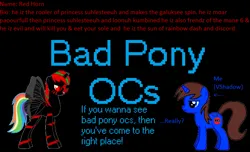 Size: 1231x749 | Tagged: safe, derpibooru import, oc, oc:red horn, oc:vshadow, unofficial characters only, alicorn, unicorn, pony creator, alicorn oc, black background, donut steel, duo, evil grin, eyehurting-blue, grin, horn, image, irony, oc is unamused, op is a duck, op isn't even trying anymore, png, simple background, smiling, unicorn oc, wings