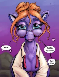 Size: 4709x6066 | Tagged: suggestive, artist:capt_hairball, derpibooru import, frazzle rock, earth pony, g4, chest fluff, clothes, dialogue, glasses, image, lisp, looking at you, necktie, nerd, png, rock, solo, speech bubble, unbuttoned, unintentionally creepy, unintentionally hilarious