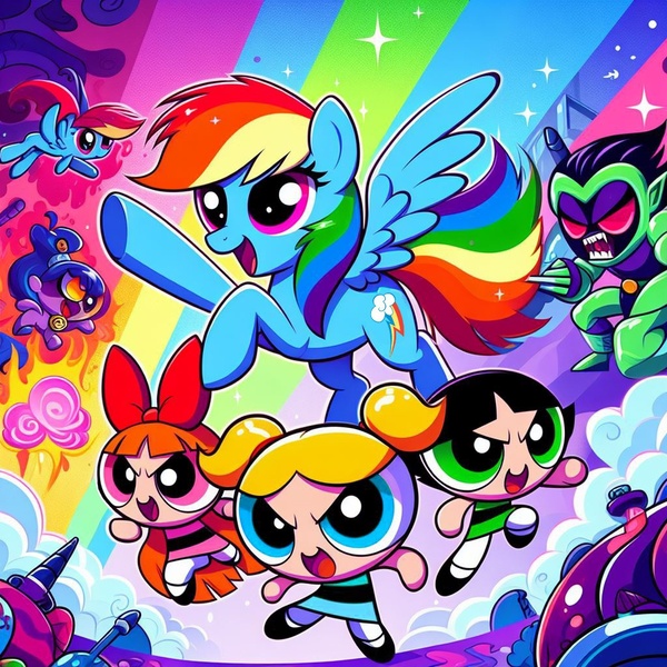 Size: 1024x1024 | Tagged: safe, ai content, artist:user15432, derpibooru import, machine learning assisted, machine learning generated, prompter:user15432, rainbow dash, human, pegasus, pony, blossom (powerpuff girls), bow, bubbles (powerpuff girls), buttercup (powerpuff girls), cloud, crossover, flying, generator:bing image creator, generator:dall-e 3, hair bow, image, jpeg, open mouth, open smile, rainbow, smiling, sparkles, the powerpuff girls