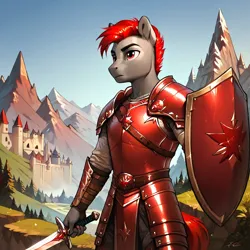 Size: 1024x1024 | Tagged: safe, ai content, derpibooru import, machine learning generated, prompter:infernum, stable diffusion, anthro, pony, armor, background, castle, fantasy class, forest, generator:pony diffusion v6 xl, gray coat, image, knight, mountain, nature, oс:raven blood, png, red eyes, red hair, red mane, red tail, serious, serious face, shield, sword, tail, tree, warrior, weapon