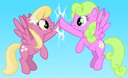 Size: 1450x880 | Tagged: safe, artist:roseluck, derpibooru import, daisy, flower wishes, lily, lily valley, pegasus, pony, g4, season 1, winter wrap up, blue background, derpibooru exclusive, duo, duo female, female, flower, flower in hair, flying, full body, gradient background, hoofbump, image, lily (flower), looking at each other, looking at someone, mare, open mouth, open smile, png, race swap, show accurate, side view, simple background, smiling, smiling at each other, spread wings, tail, wings