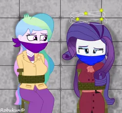 Size: 692x646 | Tagged: safe, artist:robukun, derpibooru import, princess celestia, rarity, human, equestria girls, g4, cloth gag, detective rarity, dizzy, epic fail, fail, gag, humanized, image, jpeg, kidnapped, principal celestia, tied to chair, tied up