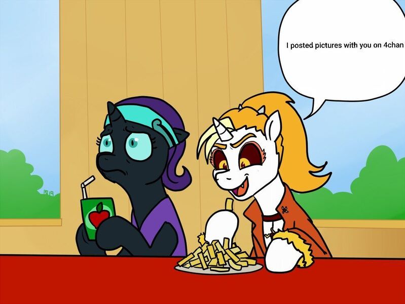 Size: 999x750 | Tagged: safe, artist:pony quarantine, derpibooru import, editor:sillyfillechka, oc, oc:dyx, oc:nyx, unofficial characters only, alicorn, pony, 4chan, dyx upsetting nyx, exploitable meme, food, french fries, horn, image, jpeg, juice, juice box, meme, pure unfiltered evil, speech bubble, text, wings