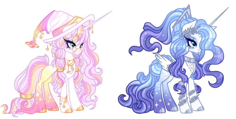 Size: 1920x968 | Tagged: safe, artist:just-silvushka, derpibooru import, oc, unofficial characters only, alicorn, adoptable, blue eyes, blue eyeshadow, blue mane, blue tail, blushing, bracelet, braid, collar, colored hooves, duo, duo female, eyelashes, eyeshadow, female, glasses, gold, gold glasses, gold hooves, hat, hooves, horn, image, jewelry, lavender mane, lavender tail, long hair, long horn, long tail, makeup, multicolored mane, multicolored tail, necklace, pink mane, pink tail, planet, png, ponytail, silver hooves, simple background, stars, striped mane, striped tail, stripes, tail, transparent background, unshorn fetlocks, white fur, witch hat