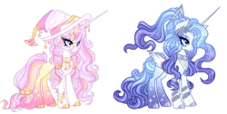 Size: 1920x968 | Tagged: safe, artist:just-silvushka, derpibooru import, oc, unofficial characters only, alicorn, adoptable, blue eyes, blue eyeshadow, blue mane, blue tail, blushing, bracelet, braid, collar, colored hooves, duo, duo female, eyelashes, eyeshadow, female, glasses, gold, gold glasses, gold hooves, hat, hooves, horn, image, jewelry, lavender mane, lavender tail, long hair, long horn, long tail, makeup, multicolored mane, multicolored tail, necklace, pink mane, pink tail, planet, png, ponytail, silver hooves, simple background, stars, striped mane, striped tail, stripes, tail, transparent background, unshorn fetlocks, white fur, witch hat