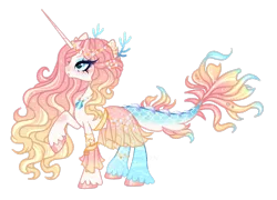 Size: 1920x1386 | Tagged: safe, artist:just-silvushka, derpibooru import, oc, unofficial characters only, hybrid, unicorn, adoptable, anklet, blue eyes, blue scales, blue tail, blushing, bracelet, circlet, clam, clothes, colored hooves, coral, cream fur, ear piercing, earring, eyelashes, eyeshadow, female, fins, hairpin, hooves, horn, hybrid oc, image, jewelry, knee blush, long horn, long mane, long tail, makeup, multicolored tail, next generation, nose blush, piercing, pink mane, png, scales, skirt, stripes, tail