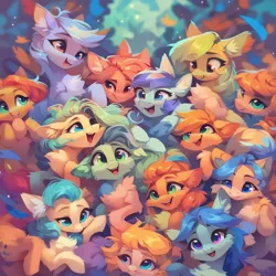 Size: 1024x1024 | Tagged: safe, ai content, derpibooru import, machine learning generated, prompter:loxaxs, stable diffusion, pony, chest fluff, colorful, ear fluff, fluffy, generator:pony diffusion v6 xl, generator:purplesmart.ai, image, pile, png, smiling