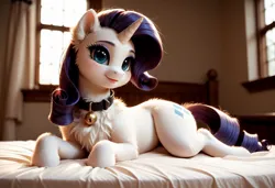 Size: 1216x832 | Tagged: safe, ai content, derpibooru import, machine learning generated, prompter:zetamad, stable diffusion, rarity, pony, unicorn, bed, bedroom, bedsheets, bell, bell collar, blue eyes, blushing, chest fluff, collar, curly mane, curly tail, cutie mark, ear fluff, fur, horn, image, jpeg, lipstick, solo, tail