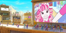 Size: 1600x804 | Tagged: safe, derpibooru import, edit, edited screencap, screencap, earth pony, horse, pegasus, pony, g5, my little pony: a new generation, candi (wild manes), image, jpeg, livestream, wild manes, zephyr heights