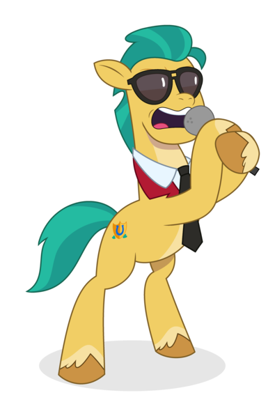 Size: 1233x1920 | Tagged: safe, artist:grapefruit-face, derpibooru import, hitch trailblazer, earth pony, pony, g5, my little pony: tell your tale, aviator sunglasses, bipedal, clothes, collar, cosplay, costume, crossover, graham bonnet, image, microphone, microphone stand, necktie, open mouth, png, singing, solo, sunglasses