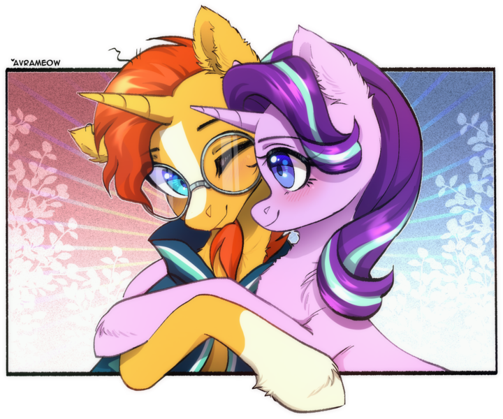 Size: 1901x1584 | Tagged: safe, artist:avrameow, derpibooru import, starlight glimmer, sunburst, pony, unicorn, g4, abstract background, blushing, commission, duo, duo male and female, female, horn, hug, image, male, mare, one eye closed, png, shipping, smiling, stallion, starburst, straight, ych result