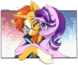 Size: 1901x1584 | Tagged: safe, artist:avrameow, derpibooru import, starlight glimmer, sunburst, pony, unicorn, g4, abstract background, blushing, commission, duo, duo male and female, female, horn, hug, image, male, mare, one eye closed, png, shipping, smiling, stallion, starburst, straight, ych result