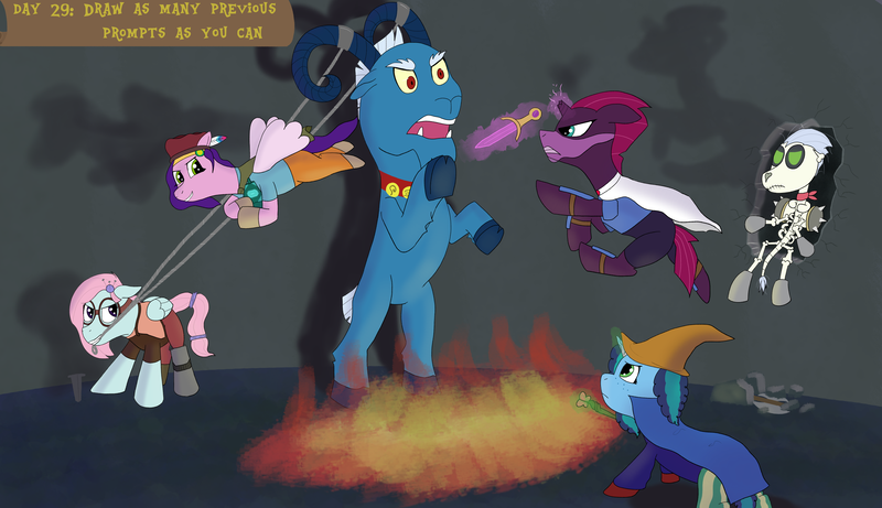 Size: 4440x2560 | Tagged: safe, artist:khazard, derpibooru import, grogar, kerfuffle, pipp petals, skellinore, tempest shadow, pegasus, skeleton pony, unicorn, series:grogar's game, g4, g5, the break up breakdown, atg 2024, bard, bell, berserker, black mage, blacksmith, bone, broken horn, chains, fantasy class, fight, fire, grogar's bell, horn, image, misty brightdawn, newbie artist training grounds, png, skeleton, spellsword, sword, weapon