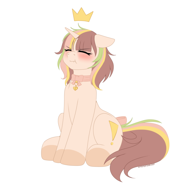 Size: 2000x2000 | Tagged: safe, artist:xcinnamon-twistx, derpibooru import, oc, oc:princess prim, unofficial characters only, artfight, bowtie, collar, colored, crown, eyes closed, flat colors, image, jewelry, lock, messy mane, padlock, padlocked collar, png, pouting, pouty, regalia, solo