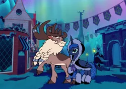 Size: 1414x1000 | Tagged: safe, artist:zetikoopa, derpibooru import, princess luna, alicorn, deer, pony, reindeer, them's fightin' herds, clothes, community related, female, image, male, mare, png, reine city, shipping, stronghoof hoofstrong (tfh), winter outfit