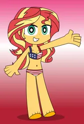 Size: 3000x4434 | Tagged: safe, artist:keronianniroro, derpibooru import, sunset shimmer, human, equestria girls, g4, 4th of july, clothes, gradient background, holiday, image, looking at you, png, solo, swimsuit, vector