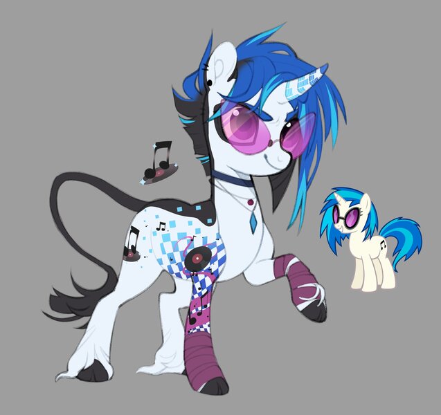 Size: 2048x1929 | Tagged: safe, artist:xcolorblisssketchx, derpibooru import, vinyl scratch, classical unicorn, pony, unicorn, alternate design, alternate hairstyle, bandage, choker, cloven hooves, ear piercing, earring, female, glasses, gray background, horn, image, jewelry, jpeg, leonine tail, mare, markings, piercing, raised hoof, redesign, simple background, solo, tail, tattoo, twitterina design, unshorn fetlocks, vinyl's glasses