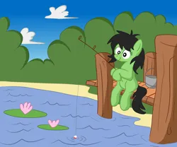 Size: 1730x1440 | Tagged: safe, artist:dhm, derpibooru import, oc, oc:anonfilly, pony, bush, cloud, cute, digital art, female, filly, fishing, fishing rod, happy, image, lilypad, pier, png, pond, smiling, solo, summer, water