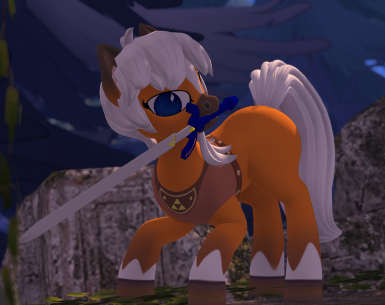 Size: 1273x1009 | Tagged: safe, artist:mosssong, derpibooru import, earth pony, pony, 3d, animal crossing, crossover, crouching, epona, epona (animal crossing), female, image, mare, master sword, open pony, png, second life, solo, sword, the legend of zelda, triforce, weapon