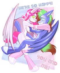 Size: 2191x2660 | Tagged: suggestive, artist:c91industries, derpibooru import, oc, oc:electra, oc:storm cloud, anthro, hybrid, pegasus, heterochromia, hypnosis, image, looking at each other, looking at someone, original character do not steal, pegabat, pegasus oc, png, smiling, smiling at each other, transformation, wings