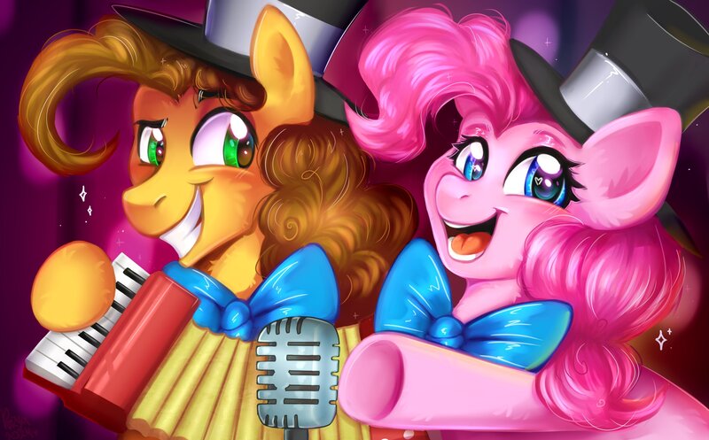 Size: 2947x1832 | Tagged: safe, artist:pozya1007, derpibooru import, cheese sandwich, pinkie pie, earth pony, pony, g4, complex background, cute, ear fluff, female, image, jpeg, looking at you, male, musical instrument, redraw