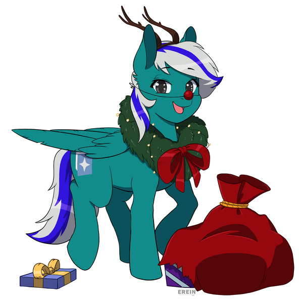 Size: 2000x2000 | Tagged: safe, artist:erein, derpibooru import, oc, oc:blue star, unofficial characters only, changeling, pegasus, pony, box, changeling oc, christmas, colored, commission, cute, flat colors, gray eyes, happy, high res, holiday, image, jpeg, male, multicolored hair, present, red nose, simple background, smiling, solo, white background, wings