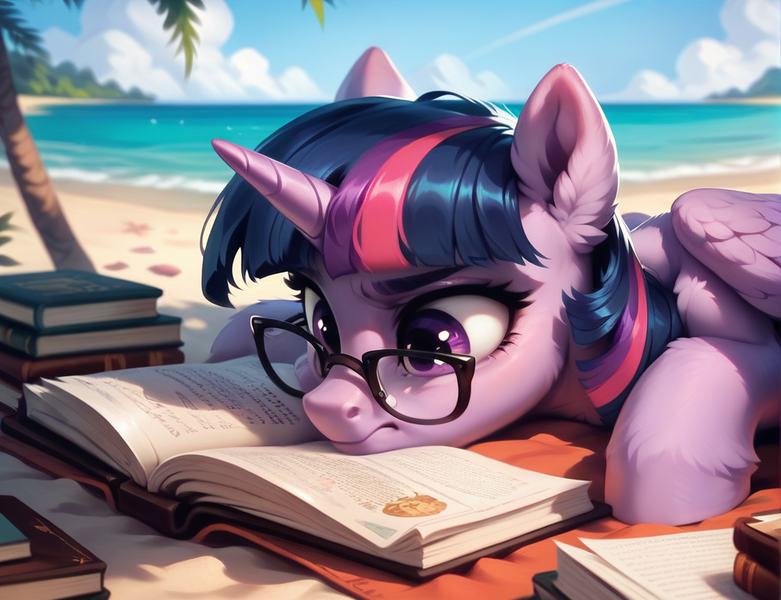 Size: 1000x768 | Tagged: safe, ai content, anonymous prompter, derpibooru import, machine learning generated, stable diffusion, twilight sparkle, twilight sparkle (alicorn), alicorn, g4, beach, confused, ear fluff, generator:pony diffusion v6 xl, glasses, image, png, reading