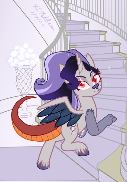 Size: 2450x3500 | Tagged: safe, artist:kelseyleah, derpibooru import, oc, oc:cheshire, draconequus, fusion, fusion:discord, fusion:rarity, image, jpeg, solo, staircase