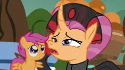 Size: 1279x720 | Tagged: artist needed, safe, anonymous artist, artist:koboldthief, derpibooru import, edit, edited screencap, screencap, sable spirit, scootaloo, pegasus, pony, unicorn, campfire tales, g4, season 7, alternate universe, clothes, curved horn, dialogue in the description, duo, empress sable spirit, female, frown, gritted teeth, hoof on cheek, horn, image, indigo eyes, magenta hair, magenta mane, mare, mother and child, mother and daughter, open mouth, orange coat, orange fur, orange pony, png, scootalove, teeth, tired, what if, worried, young sable spirit