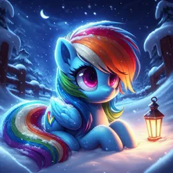 Size: 1024x1024 | Tagged: safe, ai content, derpibooru import, machine learning generated, prompter:nightofcore, rainbow dash, pegasus, pony, g4, cute, dashabetes, female, folded wings, generator:bing image creator, generator:dall-e 3, image, jpeg, lantern, lying down, mare, moon, night, outdoors, snow, solo, stars, wings, winter, wrong cutie mark