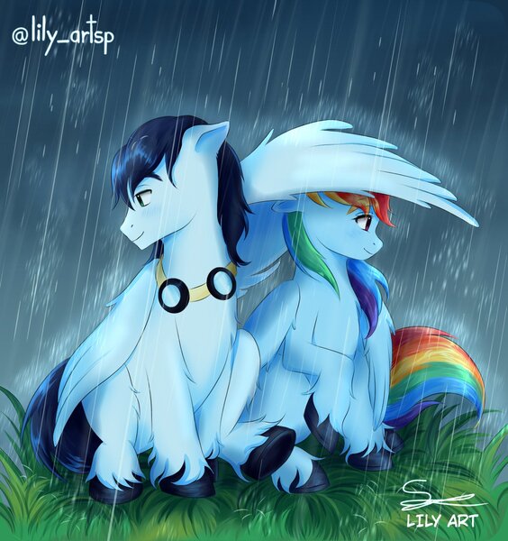 Size: 1240x1320 | Tagged: safe, artist:liliart1211, derpibooru import, rainbow dash, soarin', pegasus, pony, g4, background, cute, digital art, digital drawing, digital painting, female, image, jpeg, looking at each other, looking at someone, love, lovely, male, rain, shipping, smiling, smiling at each other, soarindash, straight