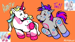 Size: 1200x675 | Tagged: safe, artist:msponies, derpibooru import, rarity, twilight sparkle, pony, unicorn, g4, duo, horn, image, orange background, png, simple background, webkinz, webkinz peace unicorn, webkinz ribbon unicorn