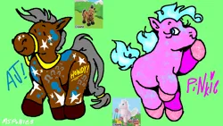 Size: 1200x675 | Tagged: safe, artist:msponies, derpibooru import, applejack, pinkie pie, earth pony, pony, g4, duo, green background, image, png, simple background, webkinz, webkinz howdy horse, webkinz pink pony