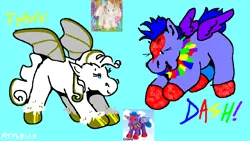 Size: 1200x675 | Tagged: safe, artist:msponies, derpibooru import, fluttershy, rainbow dash, pegasus, pony, g4, blue background, duo, image, png, simple background, webkinz, webkinz golden pegasus, webkinz rainbow pegasus