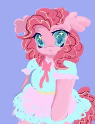 Size: 1000x1300 | Tagged: safe, artist:larvaecandy, derpibooru import, pinkie pie, anthro, earth pony, pony, g4, :<, alternate eye color, alternate hair color, alternate mane color, alternate tail color, blue background, blue dress, clothes, colored pupils, colored sclera, curly mane, curly tail, dress, ear fluff, eyelashes, female, floppy ears, frilly dress, frown, hoof hands, image, lineless, looking at you, mare, multicolored mane, multicolored tail, neck bow, pink bow, pink coat, pink mane, pink tail, png, purple background, simple background, solo, sparkly eyes, tail, teal eyes, teal pupils, teal sclera, three toned mane, three toned tail, tri-color mane, tri-color tail, tri-colored mane, tri-colored tail, tricolor mane, tricolor tail, tricolored mane, tricolored tail, wingding eyes