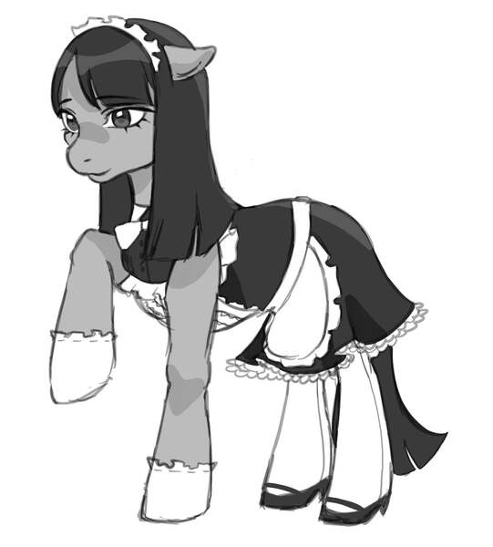 Size: 1499x1662 | Tagged: safe, artist:anonymous, derpibooru import, earth pony, pony, clothes, drawthread, female, grayscale, image, jpeg, maid, mare, monochrome, raised hoof, requested art, shading, simple background, solo, white background