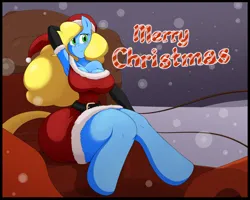 Size: 2272x1816 | Tagged: dead source, safe, artist:angelthecatgirl, oc, oc:pixie, unofficial characters only, anthro, earth pony, unguligrade anthro, belt, big breasts, breasts, christmas, clothes, costume, evening gloves, gloves, hat, holiday, image, long gloves, png, santa costume, santa hat, sexy, sexy santa costume, sled, smiling, snow, snowfall