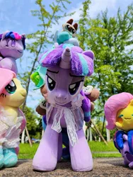 Size: 1728x2304 | Tagged: safe, artist:brella, artist:startil, derpibooru import, fluttershy, lyra heartstrings, starlight glimmer, twilight sparkle, alicorn, pegasus, unicorn, clothes, dress, horn, image, irl, jpeg, photo, plushie, socks, symbiote