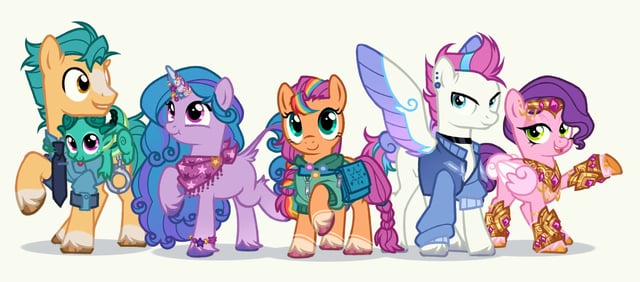 Size: 640x282 | Tagged: safe, artist:frankly_hopeless, derpibooru import, hitch trailblazer, izzy moonbow, pipp, pipp petals, sparky sparkeroni, sunny starscout, zipp storm, dragon, pegasus, pony, unicorn, g4, g5, alternate design, alternate hairstyle, bag, bandana, blaze (coat marking), bracelet, clothes, coat markings, colored hooves, colored wings, crown, cuffs, ear piercing, earring, facial markings, female, floppy ears, folded wings, friendship bracelet, g5 to g4, gauntlet, generation leap, group, hitch is tall, hoodie, hooves, horn, horn jewelry, image, jacket, jewelry, jpeg, leonine tail, lidded eyes, male, mane five, mane stripe sunny, mare, multicolored wings, open mouth, open smile, piercing, pipp is short, police uniform, raised hoof, regalia, royal sisters (g5), saddle bag, siblings, simple background, sisters, smiling, socks (coat marking), spread wings, stallion, tail, white background, wings, zipp is tall