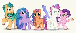 Size: 640x282 | Tagged: safe, alternate version, artist:frankly_hopeless, derpibooru import, hitch trailblazer, izzy moonbow, pipp petals, sparky sparkeroni, sunny starscout, zipp storm, dragon, earth pony, pegasus, pony, unicorn, g4, g5, alternate design, alternate hairstyle, blaze (coat marking), coat markings, colored hooves, colored wings, facial markings, female, folded wings, g5 to g4, generation leap, group, hooves, horn, image, jpeg, lidded eyes, male, mane five, mane stripe sunny, mare, multicolored wings, open mouth, open smile, raised hoof, royal sisters (g5), siblings, simple background, sisters, smiling, socks (coat marking), spread wings, stallion, white background, wings