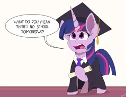 Size: 2000x1544 | Tagged: safe, artist:arcane-thunder, derpibooru import, twilight sparkle, pony, unicorn, g4, atg 2024, female, filly, filly twilight sparkle, foal, graduation cap, hat, horn, image, newbie artist training grounds, png, solo, speech bubble, tail, unicorn twilight, younger