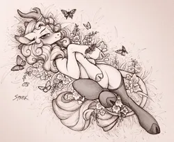 Size: 3434x2800 | Tagged: safe, artist:sparkling_light, derpibooru import, autumn blaze, butterfly, insect, kirin, pony, g4, clothes, commission, confused, female, flower, horn, image, looking at you, lying down, mare, png, socks, solo, traditional art