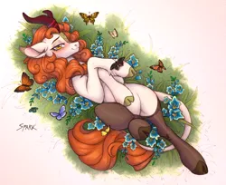 Size: 3434x2800 | Tagged: safe, artist:sparkling_light, derpibooru import, autumn blaze, butterfly, insect, kirin, pony, g4, clothes, commission, confused, female, flower, horn, image, looking at you, lying down, mare, png, socks, solo