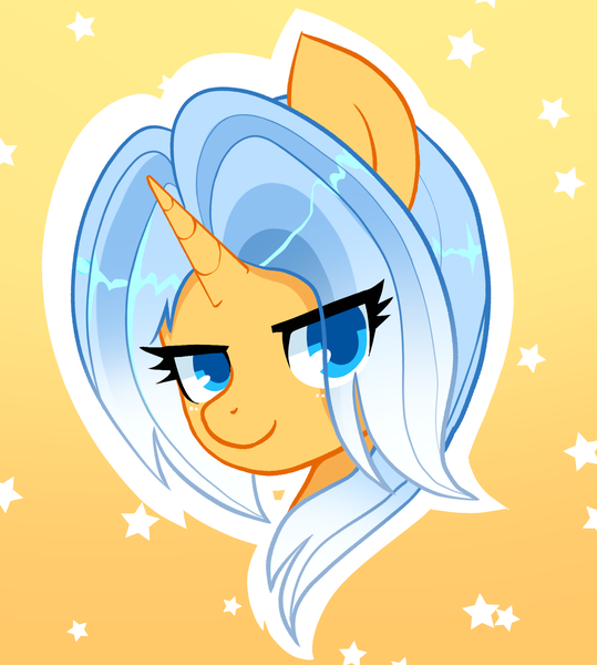 Size: 1795x1999 | Tagged: safe, artist:moocca, derpibooru import, oc, oc:aurore soleilevant, unofficial characters only, pony, unicorn, derpibooru exclusive, head, horn, image, looking at you, orange coat, png, simple background, solo