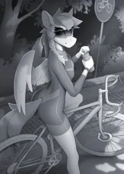 Size: 1700x2380 | Tagged: safe, artist:yakovlev, artist:yakovlev-vad, derpibooru import, oc, oc:jeppesen, anthro, pegasus, bicycle, braid, braided ponytail, grayscale, image, looking at you, monochrome, outdoors, pegasus oc, png, ponytail, smiling, smiling at you, tail, tail hole, wings