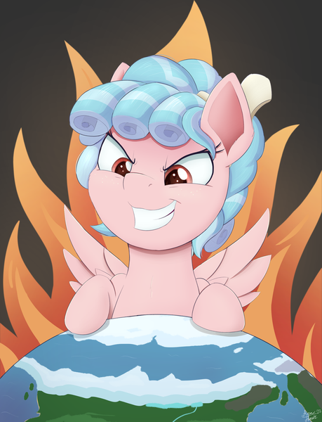 Size: 1912x2500 | Tagged: safe, artist:arcane-thunder, derpibooru import, cozy glow, pegasus, pony, g4, atg 2022, earth, evil grin, female, filly, foal, grin, image, newbie artist training grounds, png, smiling, solo, spread wings, wings